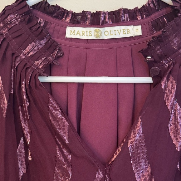 Marie Oliver Silk Ruffled Stand Collar Blouse Size Medium Purple Metallic Top - Picture 4 of 6